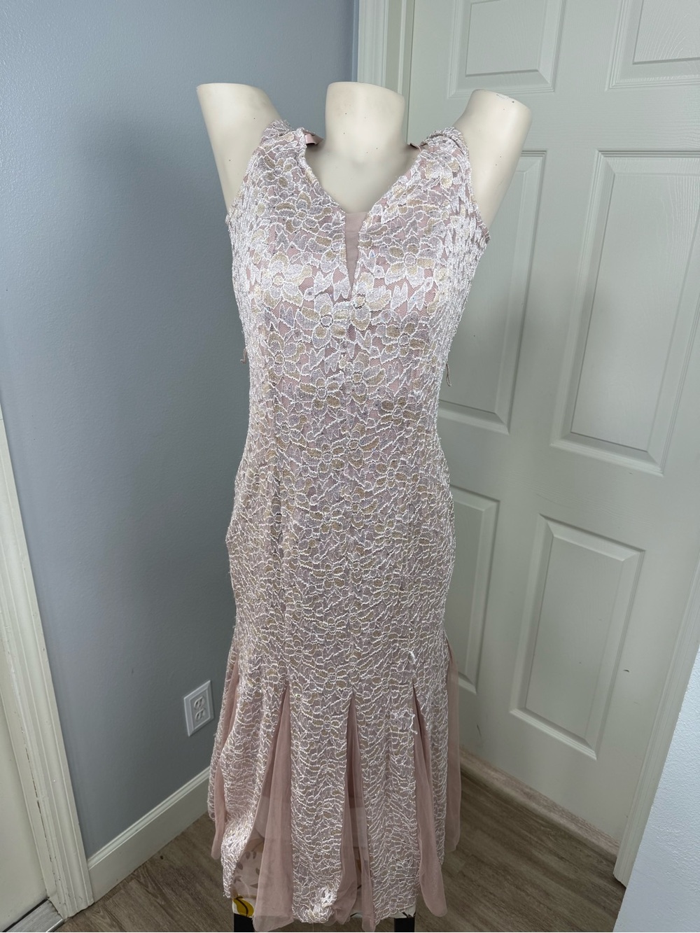 Blush Lace V-Notch Mermaid Prom Dress